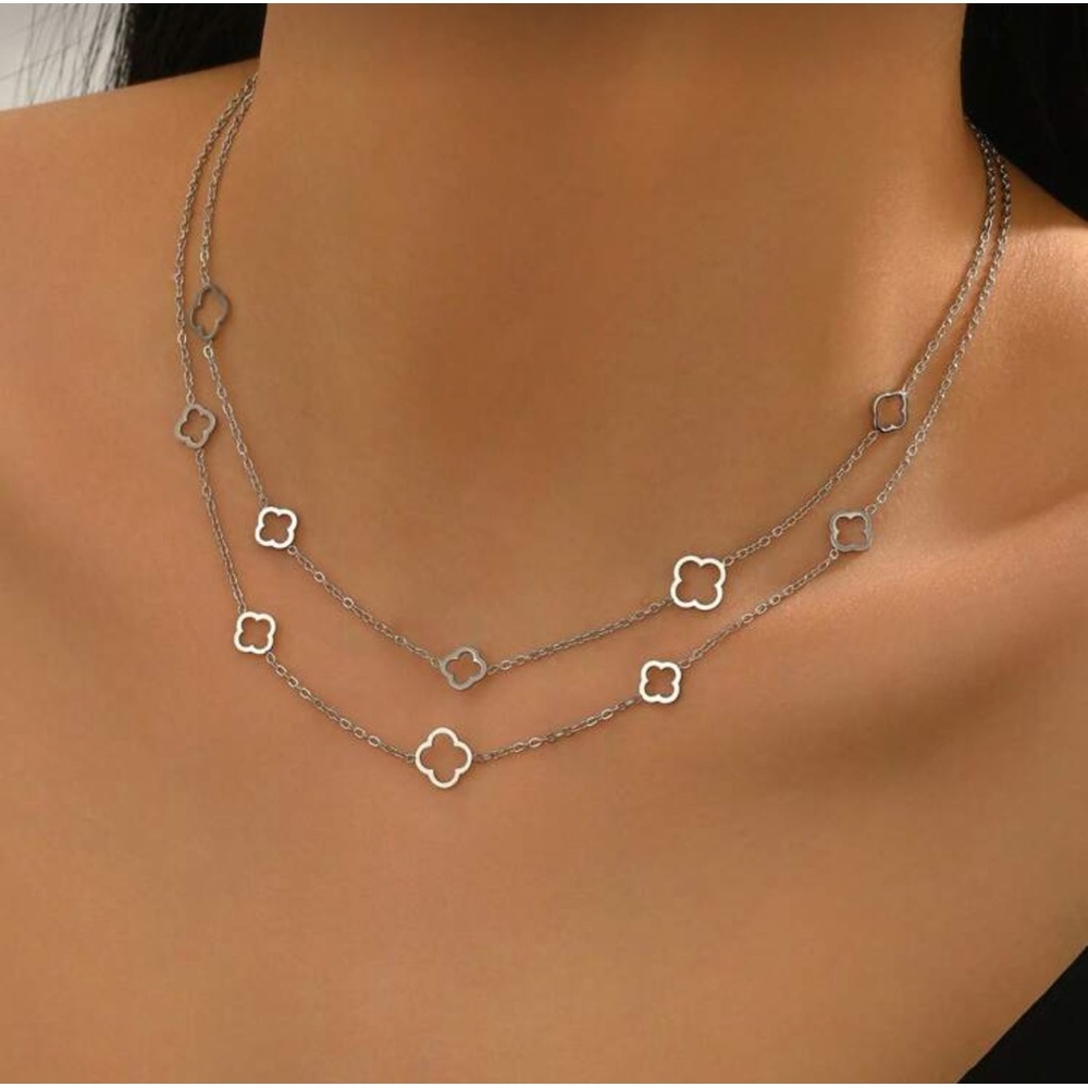 Silver Plated Stainless 1pc Steel Clover Link Layered Necklace